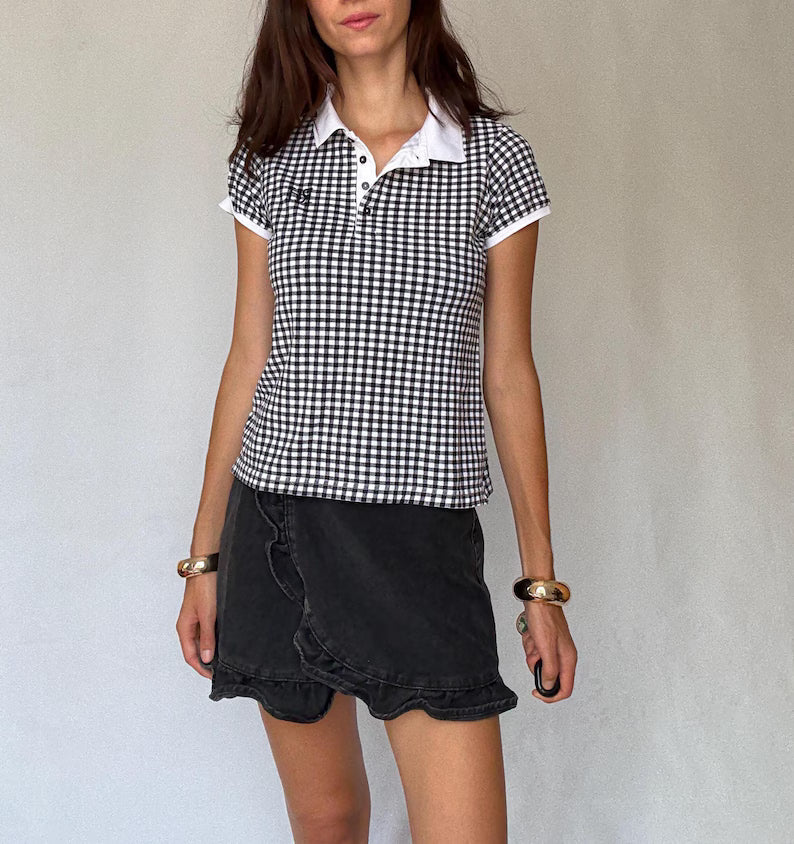 Black Gingham Polo Shirt - Vintage Checked Short Sleeve Polo & Casual Golf Tennis Shirt