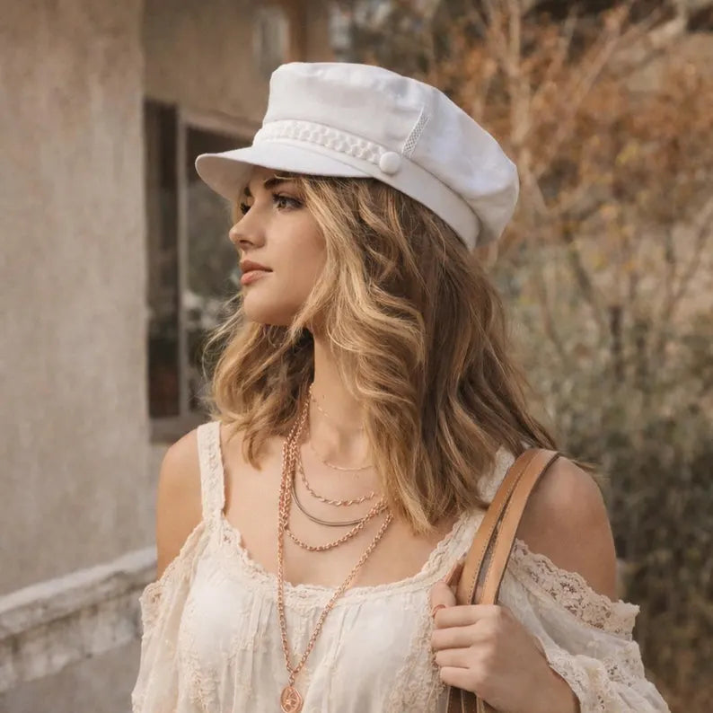 White Cotton Sailor Cap | Minimalist Summer Baker Boy Hat