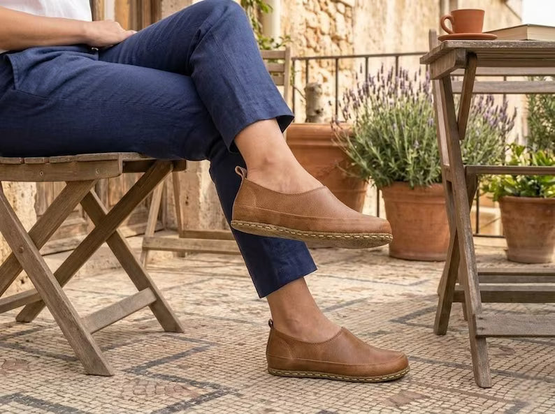 Handmade Moccasins Women : Genuine Leather Shoes , Copper Rivets , Barefoot Loafers - Light Brown