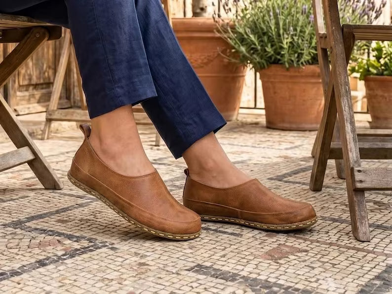 Handmade Moccasins Women : Genuine Leather Shoes , Copper Rivets , Barefoot Loafers - Light Brown