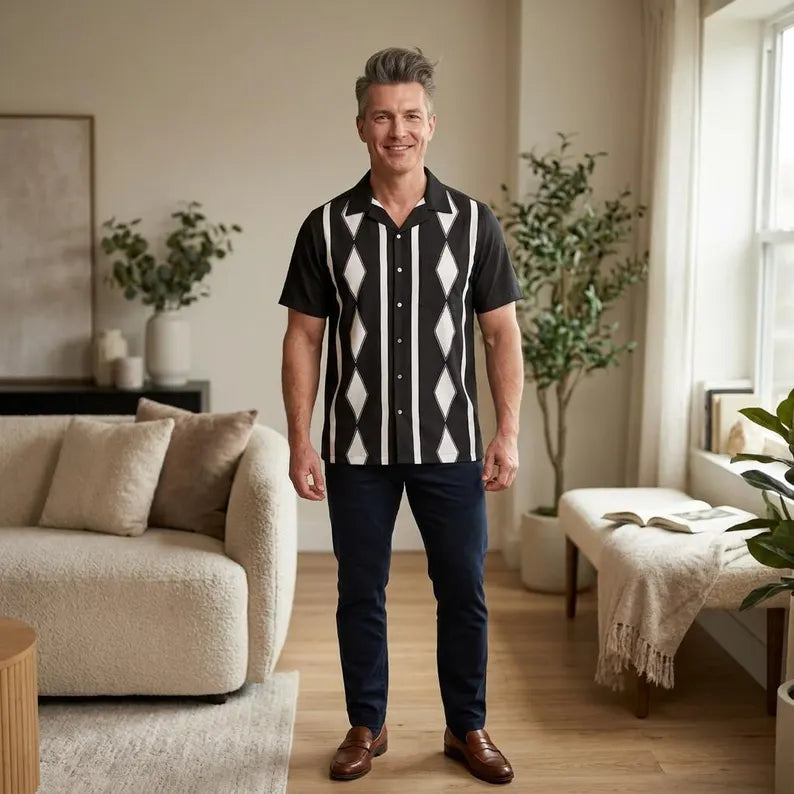 Black Diamond Stripe Hawaiian Shirt - Retro Rockabilly Aloha Button-Up & Vintage Summer Short Sleeve Shirt