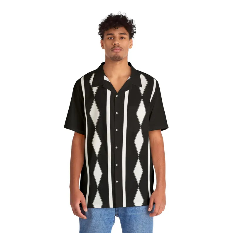 Black Diamond Stripe Hawaiian Shirt - Retro Rockabilly Aloha Button-Up & Vintage Summer Short Sleeve Shirt