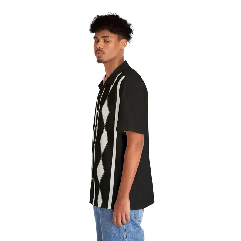 Black Diamond Stripe Hawaiian Shirt - Retro Rockabilly Aloha Button-Up & Vintage Summer Short Sleeve Shirt