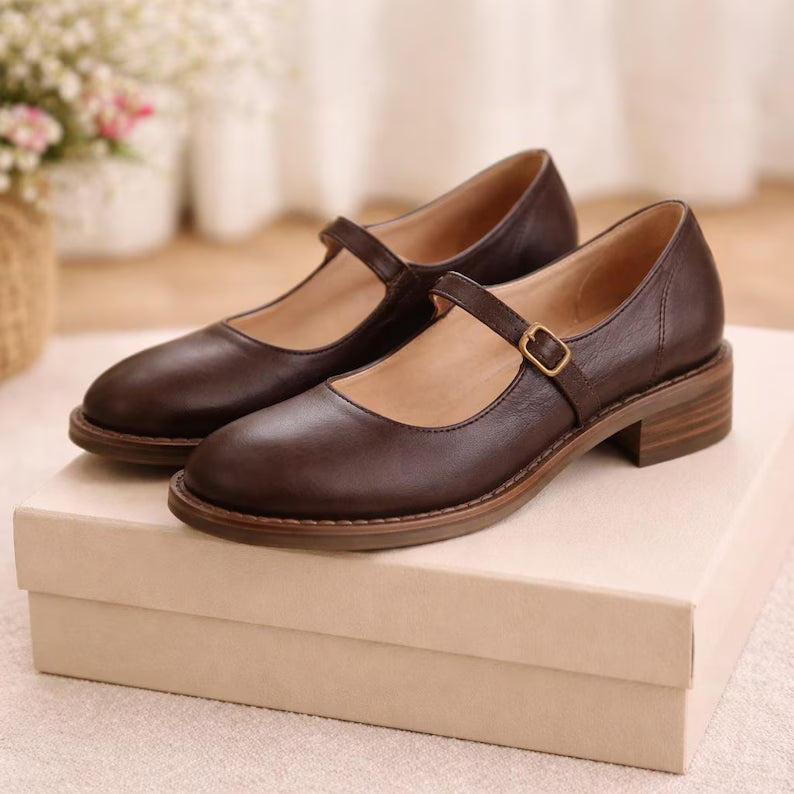Vintage Flats Leather Buckle Shoes Round Toe Comfort Everyday