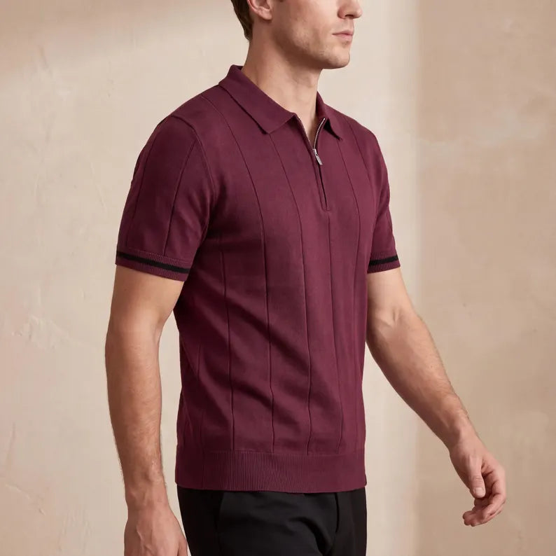 Men's Zip Knit Polo Shirt - Short Sleeve Breathable Slim Fit Tee & Quarter Zip Collared Top