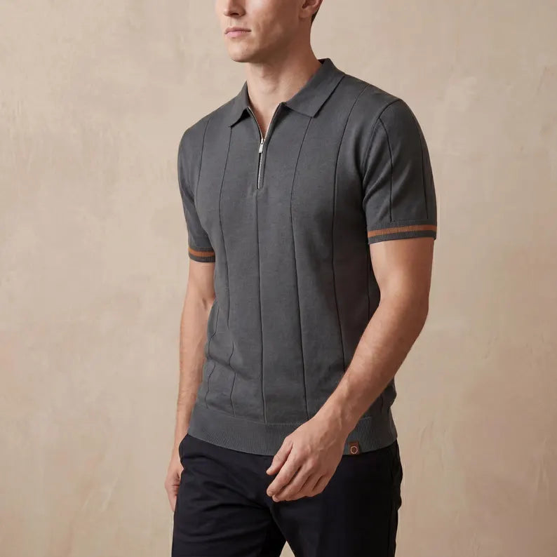 Men's Zip Knit Polo Shirt - Short Sleeve Breathable Slim Fit Tee & Quarter Zip Collared Top