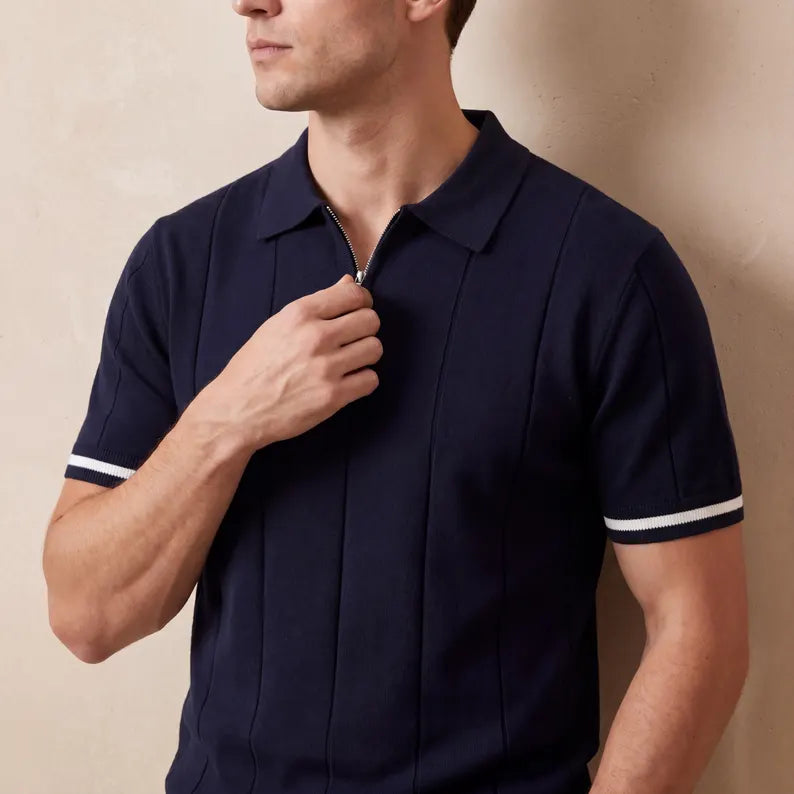 Men's Zip Knit Polo Shirt - Short Sleeve Breathable Slim Fit Tee & Quarter Zip Collared Top
