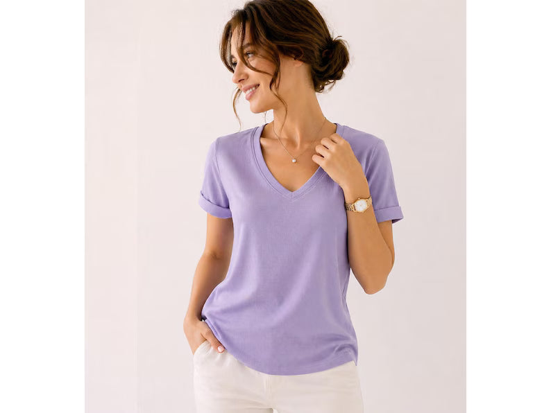 Soft Rib Knit V-Neck T-Shirt - Casual Short Sleeve Tee, Lightweight Everyday Top