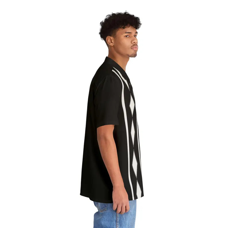Black Diamond Stripe Hawaiian Shirt - Retro Rockabilly Aloha Button-Up & Vintage Summer Short Sleeve Shirt