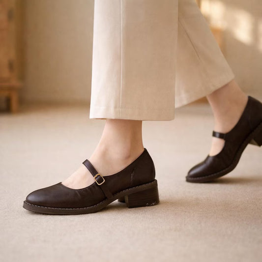 Vintage Flats Leather Buckle Shoes Round Toe Comfort Everyday