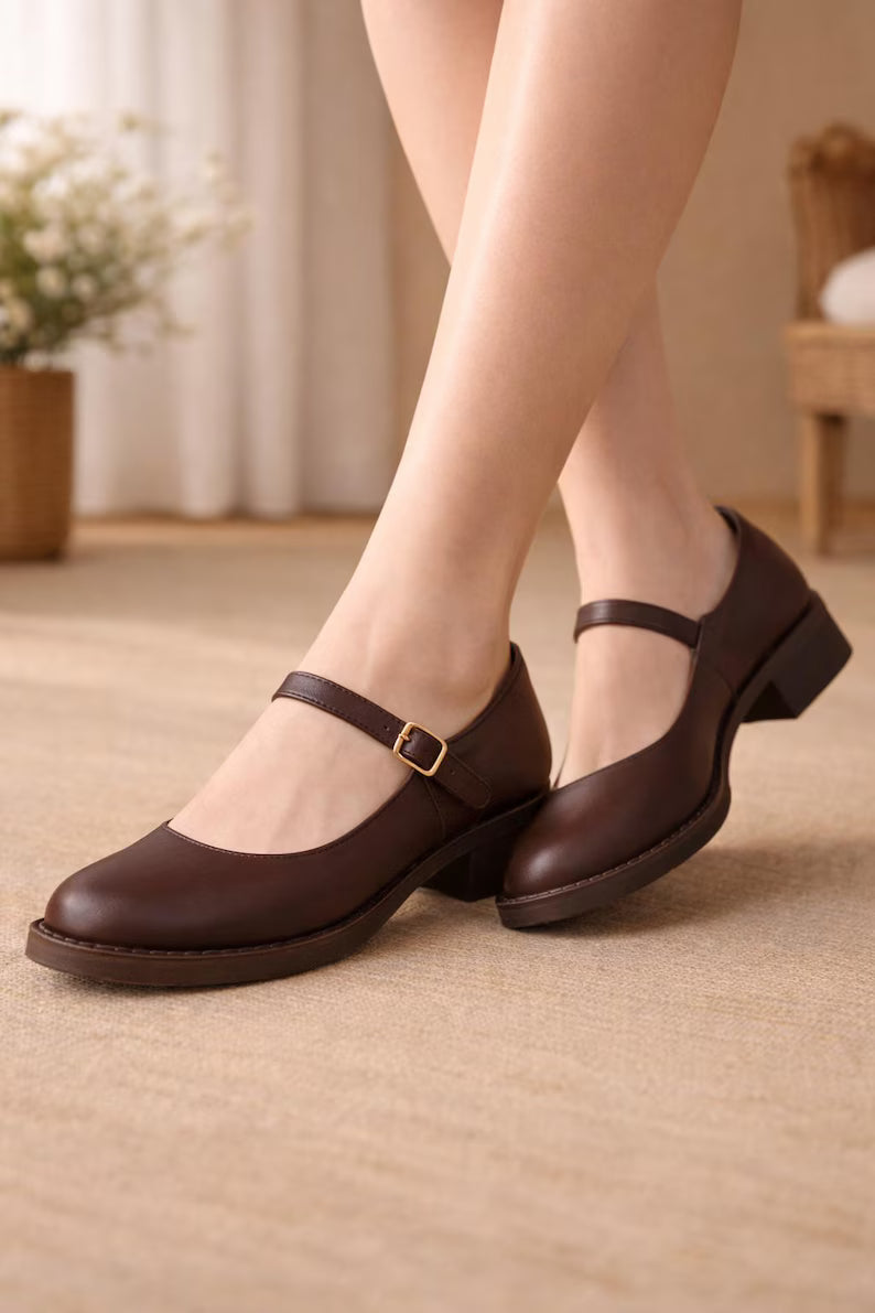 Vintage Flats Leather Buckle Shoes Round Toe Comfort Everyday