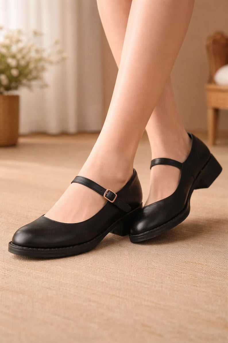 Vintage Flats Leather Buckle Shoes Round Toe Comfort Everyday