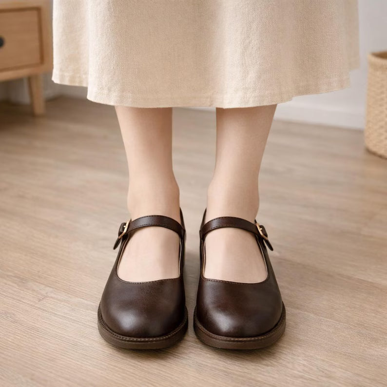 Vintage Flats Leather Buckle Shoes Round Toe Comfort Everyday