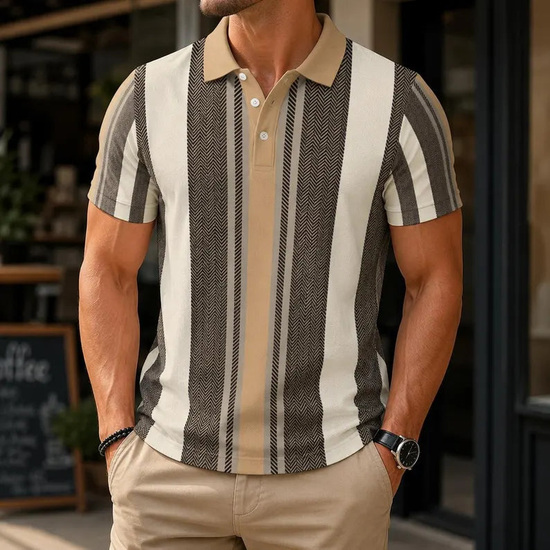 Men's Italian Retro Vertical Herringbone Polo Shirt