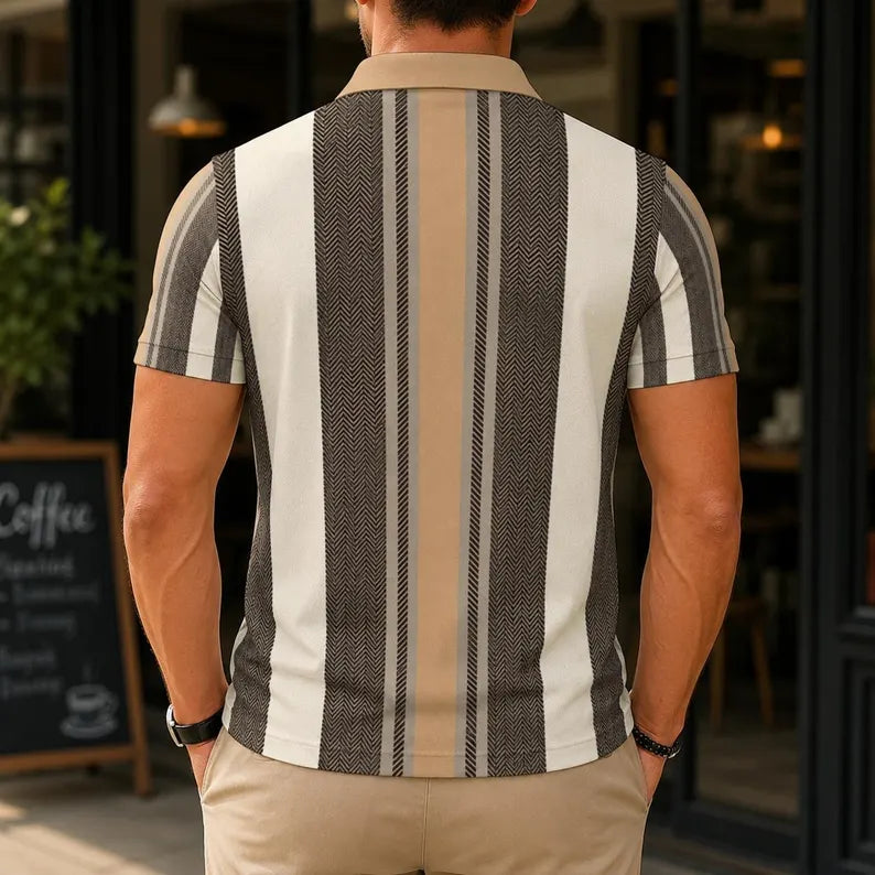 Men's Italian Retro Vertical Herringbone Polo Shirt