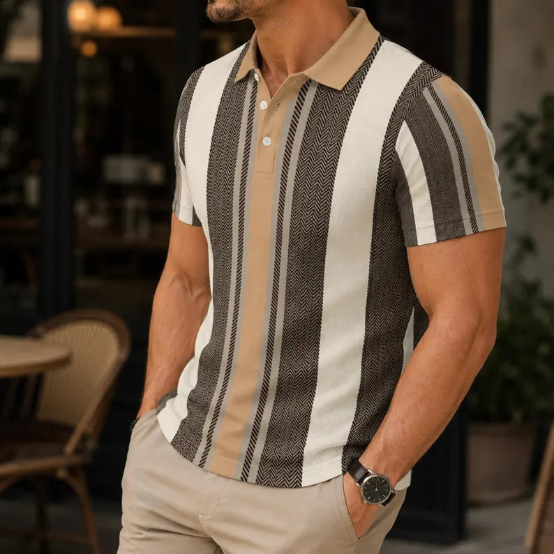 Men's Italian Retro Vertical Herringbone Polo Shirt