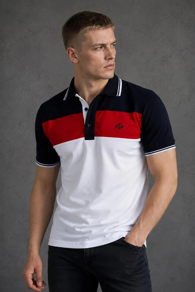 Men's White Cotton Polo Shirt - Navy Striped Collar & Embroidered Detail Casual Golf Top