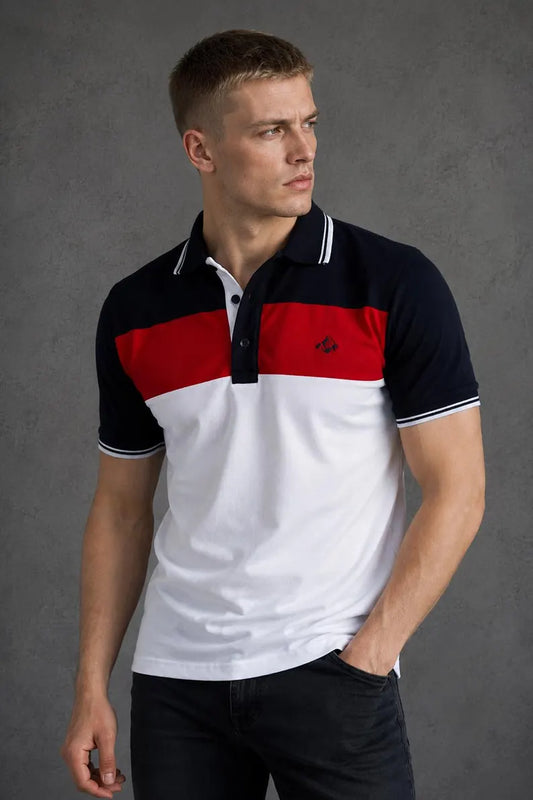 Men's White Cotton Polo Shirt - Navy Striped Collar & Embroidered Detail Casual Golf Top