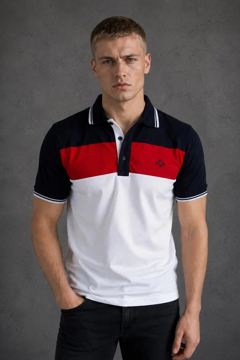 Men's White Cotton Polo Shirt - Navy Striped Collar & Embroidered Detail Casual Golf Top