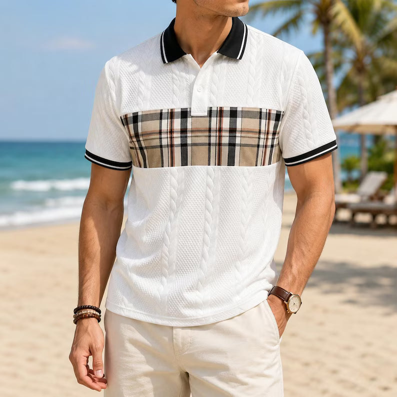 Plaid Patchwork Cable Knit Polo Shirt - Summer American Retro Short Sleeve Button Collar Top
