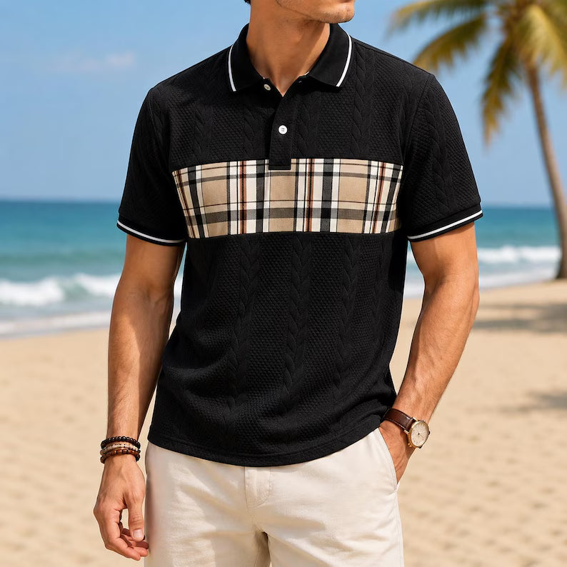 Plaid Patchwork Cable Knit Polo Shirt - Summer American Retro Short Sleeve Button Collar Top