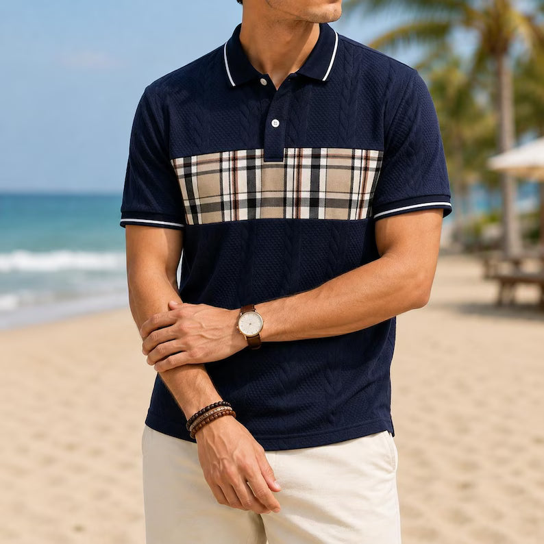 Plaid Patchwork Cable Knit Polo Shirt - Summer American Retro Short Sleeve Button Collar Top