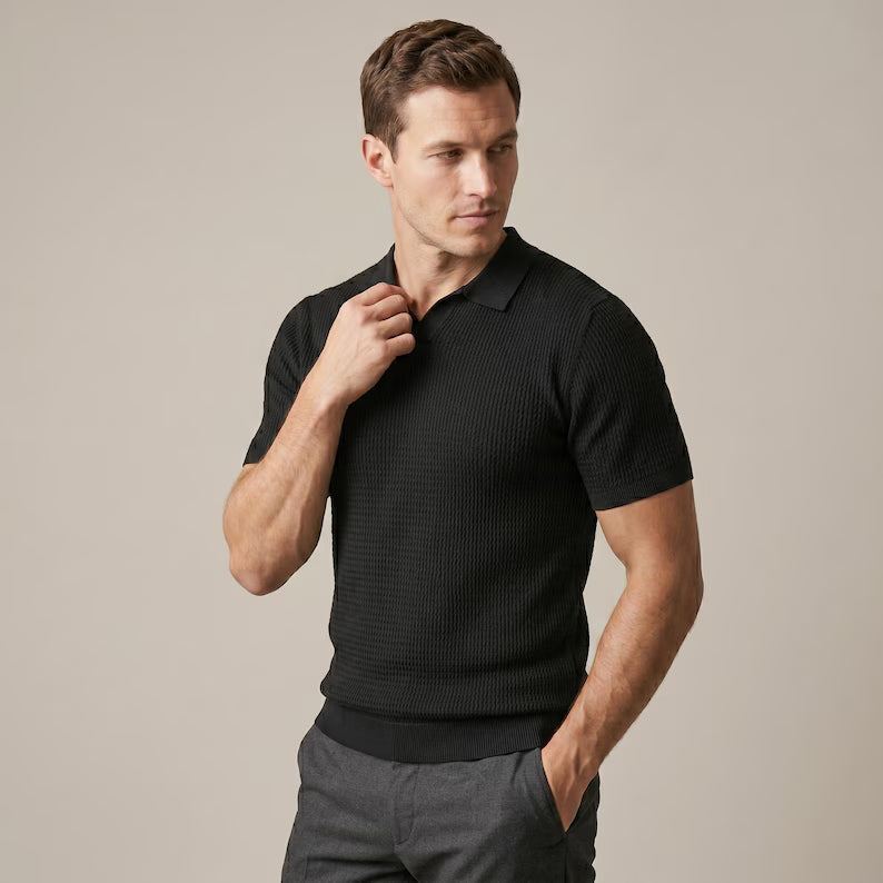Men's Textured Ribbed Knit Polo Shirt - Slim Fit Short Sleeve Summer Top & Casual Collared Shirt
