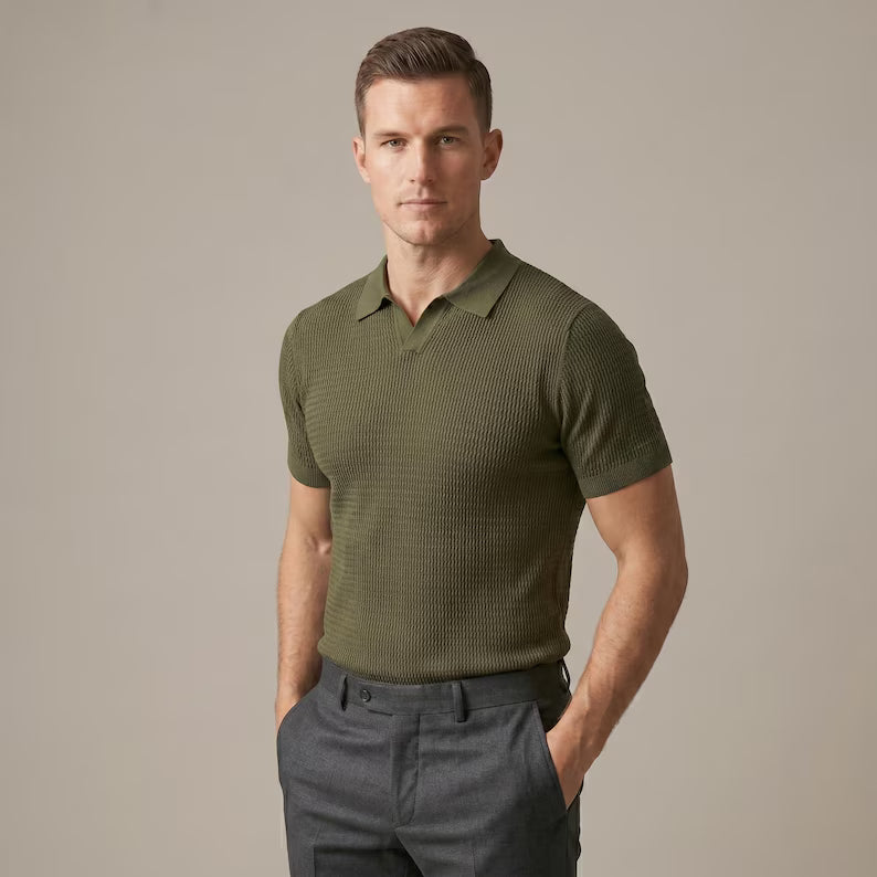 Men's Textured Ribbed Knit Polo Shirt - Slim Fit Short Sleeve Summer Top & Casual Collared Shirt