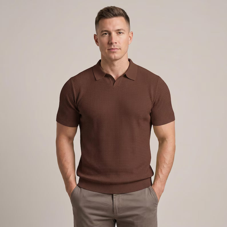 Men's Textured Ribbed Knit Polo Shirt - Slim Fit Short Sleeve Summer Top & Casual Collared Shirt