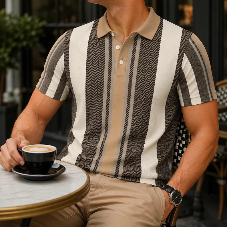 Men's Italian Retro Vertical Herringbone Polo Shirt