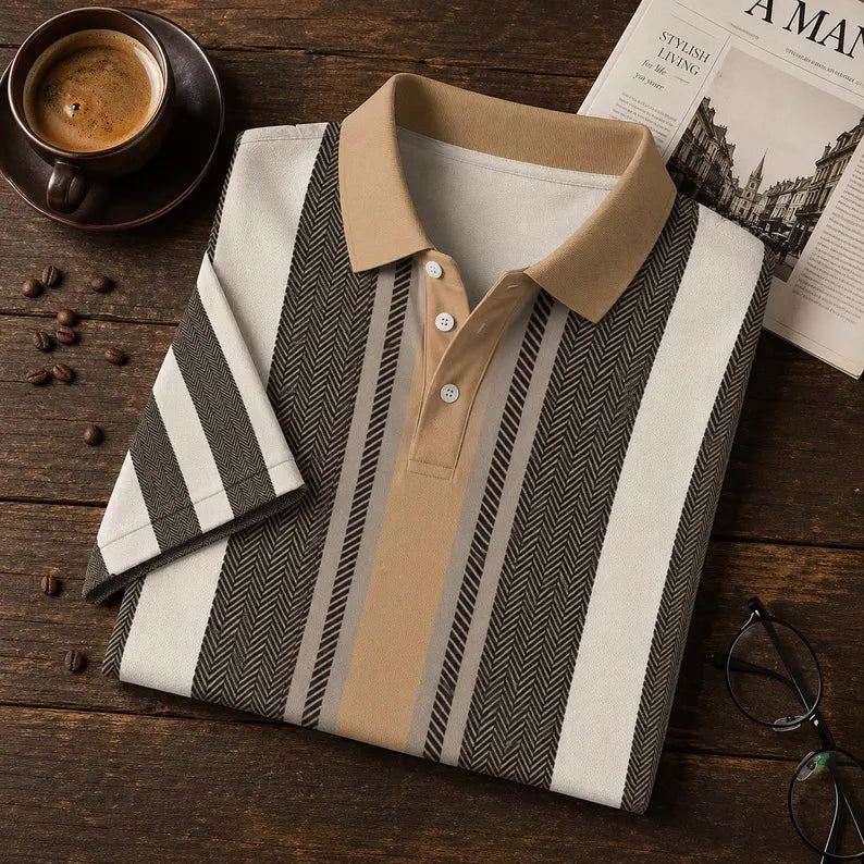 Men's Italian Retro Vertical Herringbone Polo Shirt