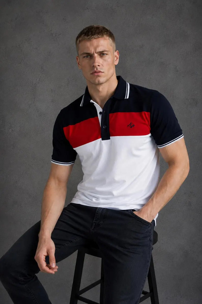 Men's White Cotton Polo Shirt - Navy Striped Collar & Embroidered Detail Casual Golf Top