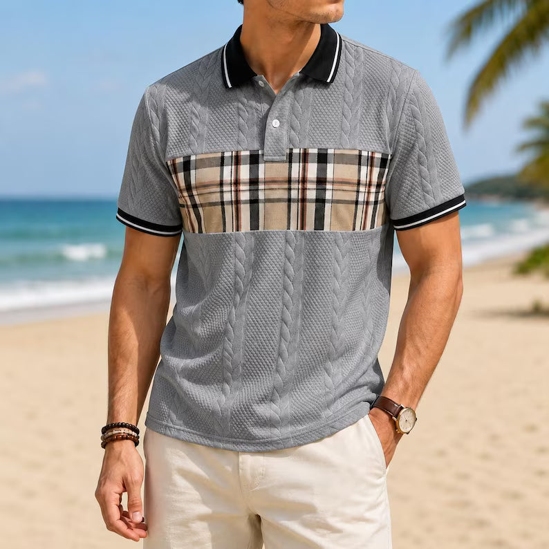 Plaid Patchwork Cable Knit Polo Shirt - Summer American Retro Short Sleeve Button Collar Top
