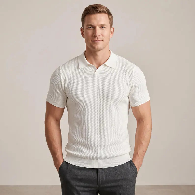 Men's Textured Ribbed Knit Polo Shirt - Slim Fit Short Sleeve Summer Top & Casual Collared Shirt