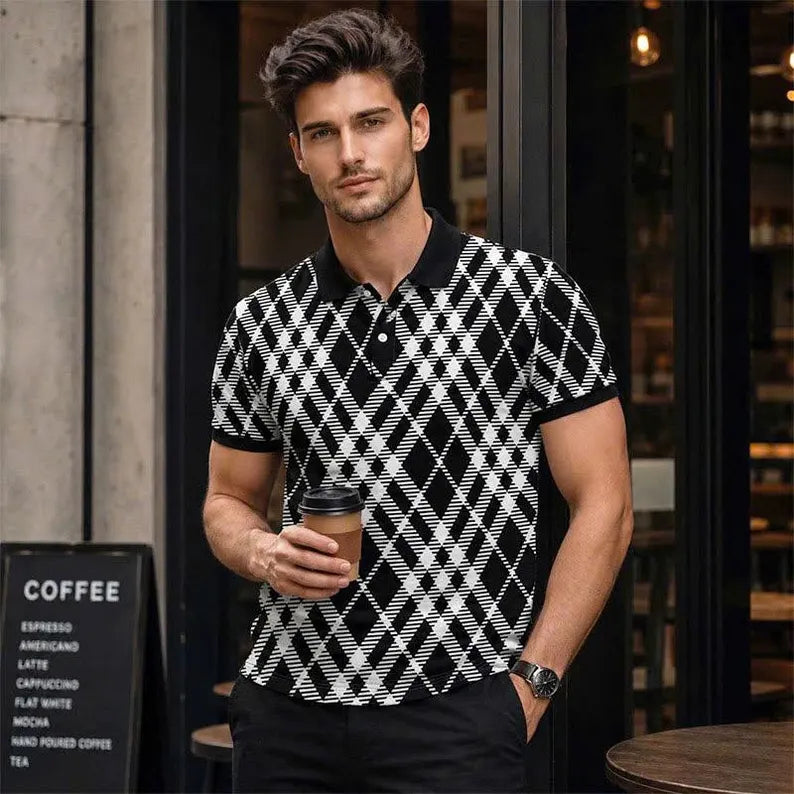 Men's Black & White Argyle Polo Shirt - Geometric Plaid Print Casual Short Sleeve Collared Top