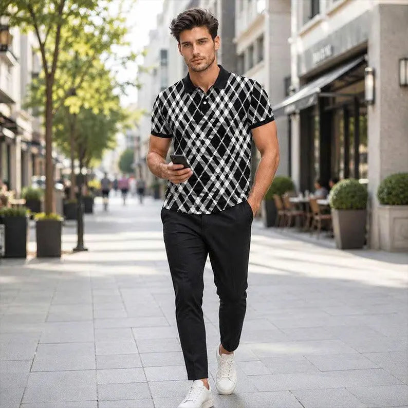 Men's Black & White Argyle Polo Shirt - Geometric Plaid Print Casual Short Sleeve Collared Top