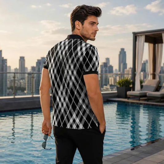 Men's Black & White Argyle Polo Shirt - Geometric Plaid Print Casual Short Sleeve Collared Top