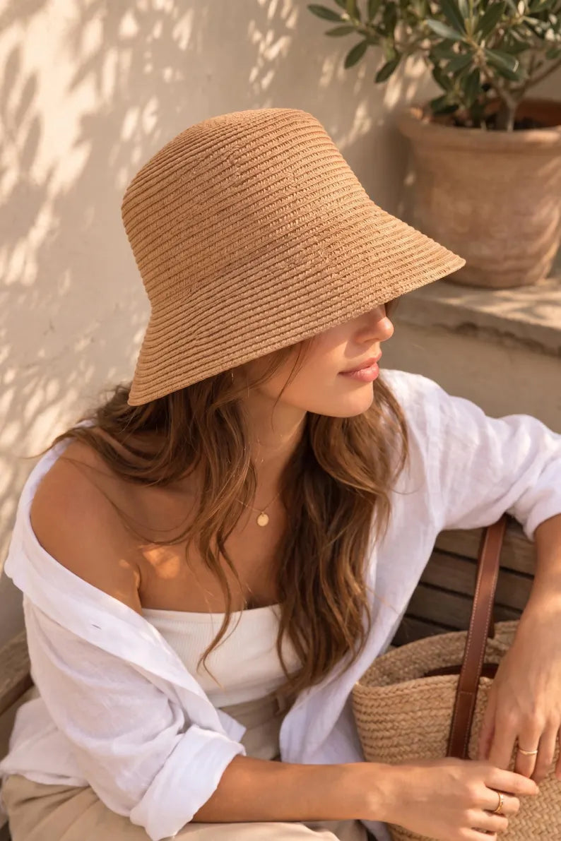 Brown Raffia Bucket Hat for Women - Handwoven Summer Sun Panama Straw Hat & Beach Cap