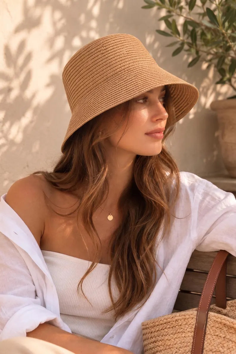 Brown Raffia Bucket Hat for Women - Handwoven Summer Sun Panama Straw Hat & Beach Cap