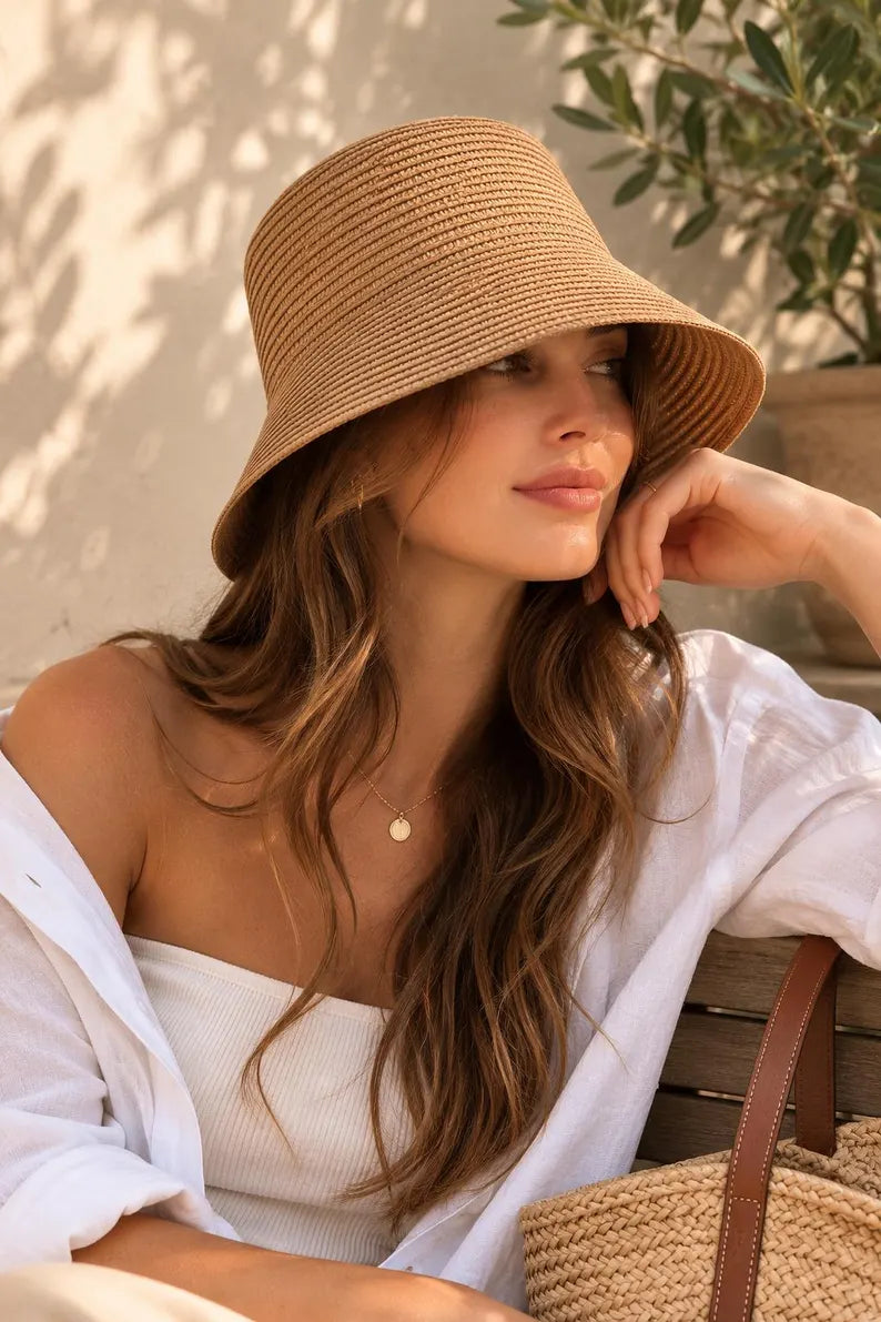Brown Raffia Bucket Hat for Women - Handwoven Summer Sun Panama Straw Hat & Beach Cap