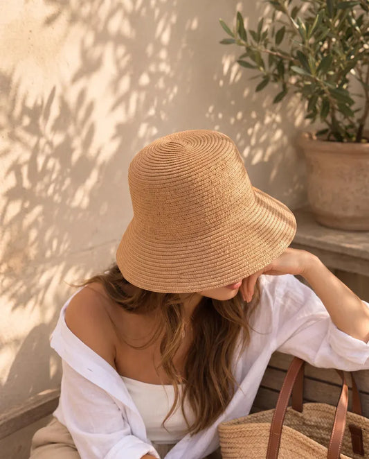 Brown Raffia Bucket Hat for Women - Handwoven Summer Sun Panama Straw Hat & Beach Cap