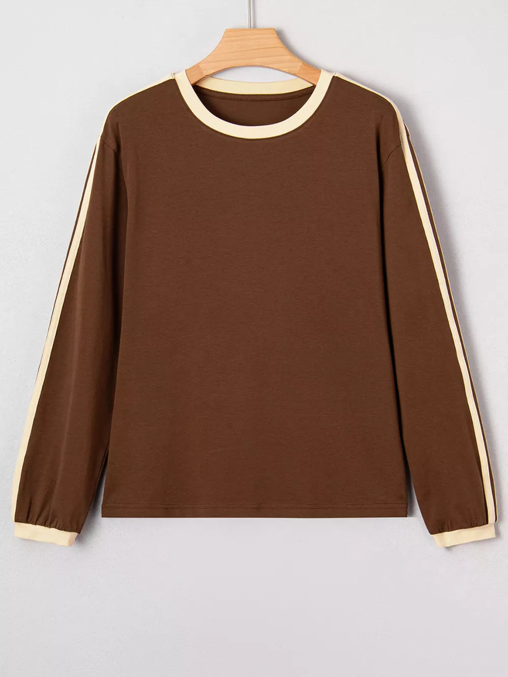 Striped Accent Contrast Crew Neck Long Sleeve T Shirt