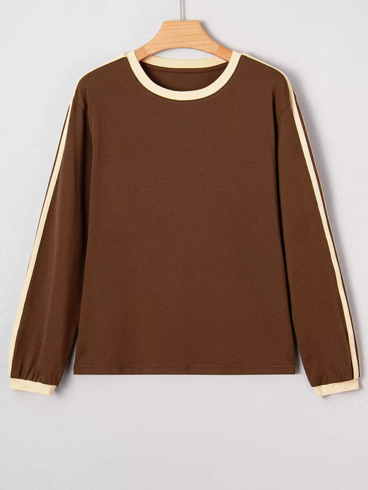 Striped Accent Contrast Crew Neck Long Sleeve T Shirt