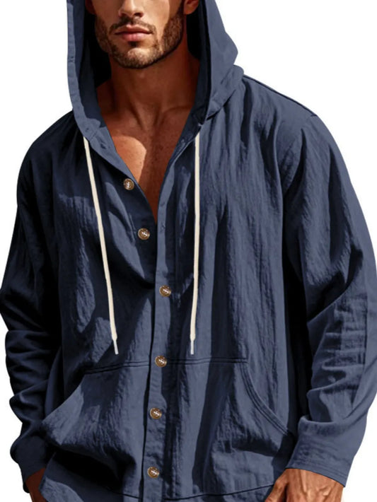Full Size Drawstring Button Up Hooded Top Plus Size