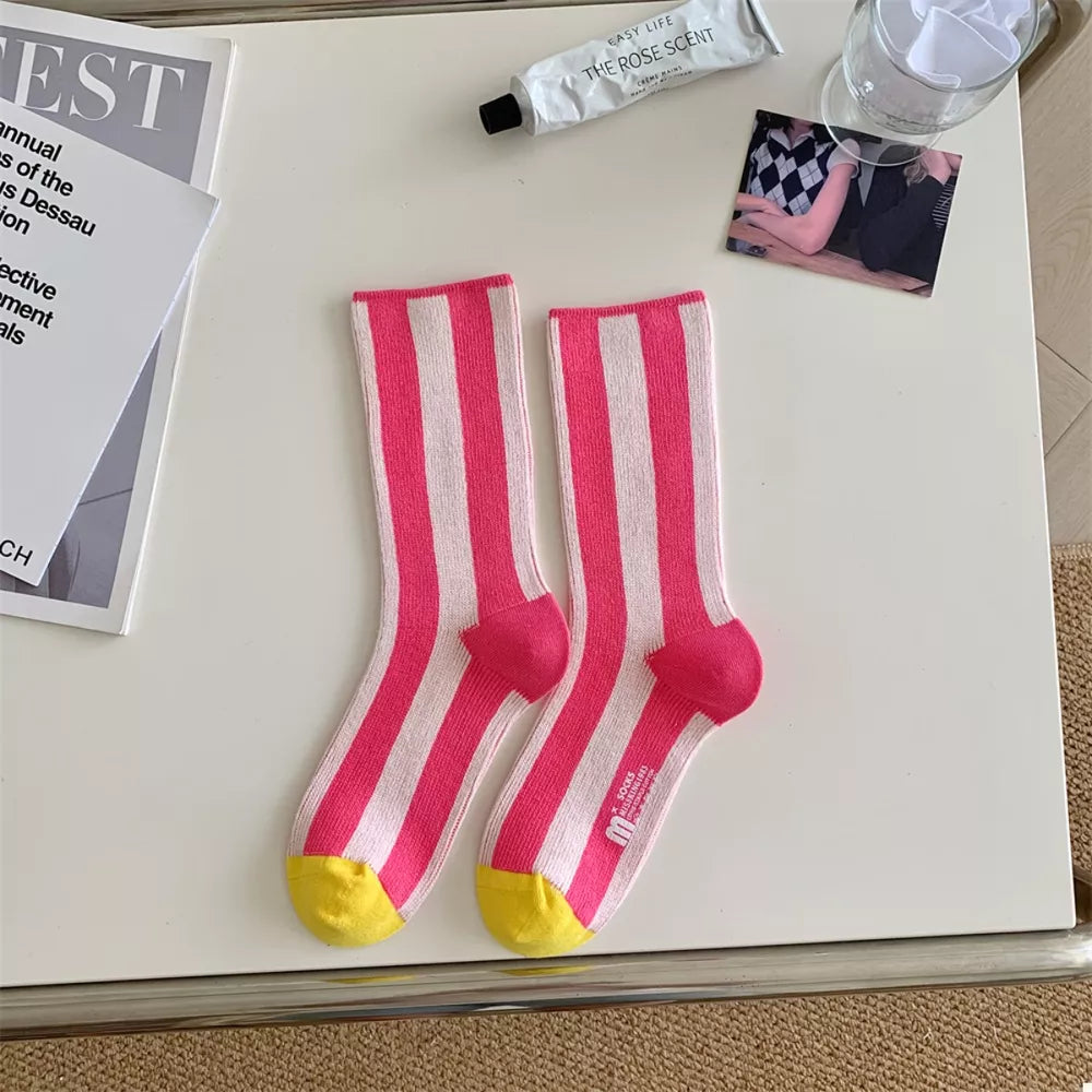 Contrast Striped Pink Crew Socks