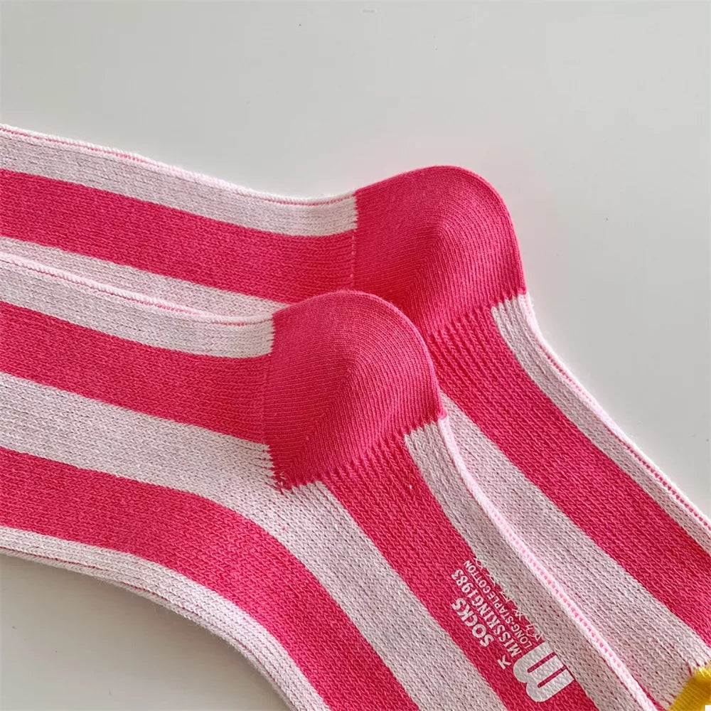 Contrast Striped Pink Crew Socks